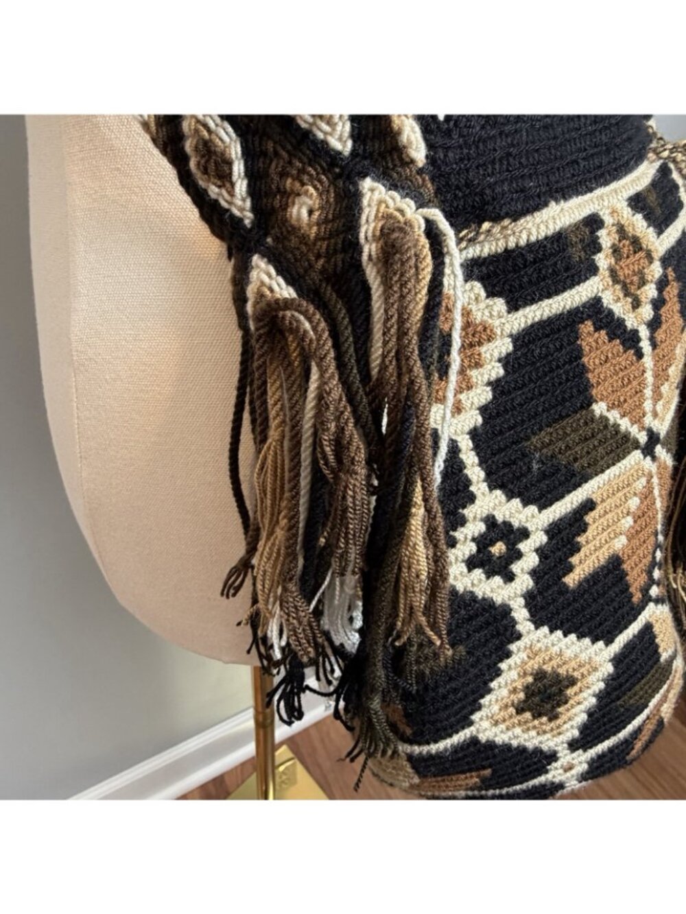 Handmade Wayuu Mochila Crochet Crossbody Bag Geometric Tribal Brown Neutral - Picture 7 of 13